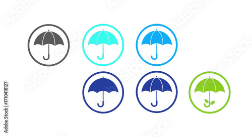 Umbrella icons in various colors offering protection and eco-friendly solutions for diverse needs