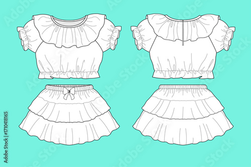 Baby Girls Puff Sleeve Crop Tops With Skirt Set Fashion Technical Drawing Flat Sketch Vector Outline.