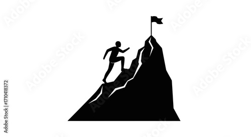 Determined climber ascends rugged peak to plant victory flag, celebrating achievement and reaching summit.