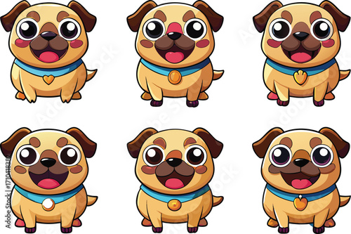 Six Adorable Cartoon Pugs With Blue Collars On White Background