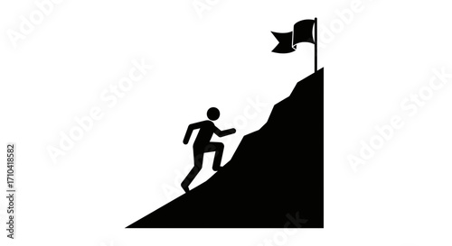 Determined person climbing steep mountain towards success flag on summit
