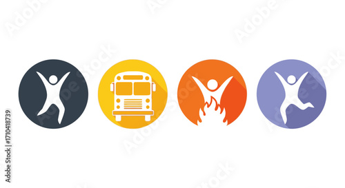 Dynamic icons celebrating joy, transport, and overcoming challenges with vibrant, modern appeal.
