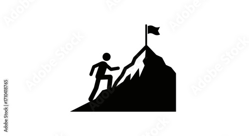 Determined climber ascends steep mountain peak to plant victory flag, symbolizing achievement and success