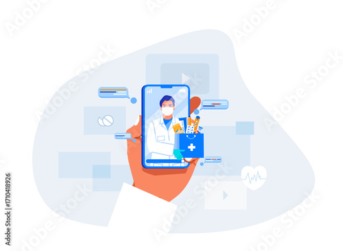 Illustration of a doctor on a smartphone screen providing online medical consultation. Concept of digital healthcare, mobile health services, prescriptions, and remote patient support. Modern flat med