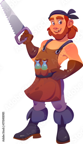 Cartoon surgeon pirate ship crew character holding a saw and potion bottles. Vector cheerful Caribbean medical doctor corsair personage with beard and medical tools, ready for fantasy adventure story