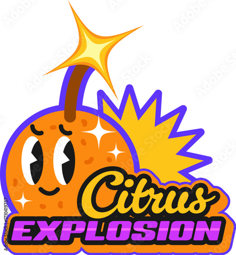 Dynamite and tnt vintage y2k sticker, bomb retro patch label. Vector bright badge with zesty cartoon orange bomb character with a lit fuse, combining fruity freshness with dynamic energy and fun vibe