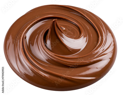 Swirls of rich, creamy, brown liquid chocolate pouring over a white background create a delicious, abstract dessert texture