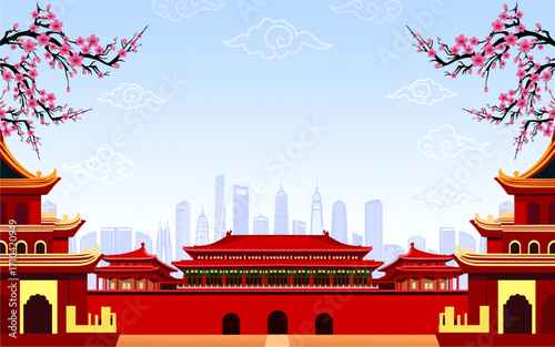 China's National Day celebration background template with historical buildings , cherry blossoms, and clouds. Great for banners, posters and social media.