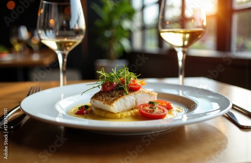 A plated gourmet dish featuring a piece of fish with fresh vegetables and herbs on a white plate with two glasses of white wine in a cozy restaurant setting