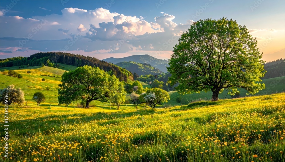 Obraz premium spring landscape with trees in the foreground and hills with vibrant blooming meadow