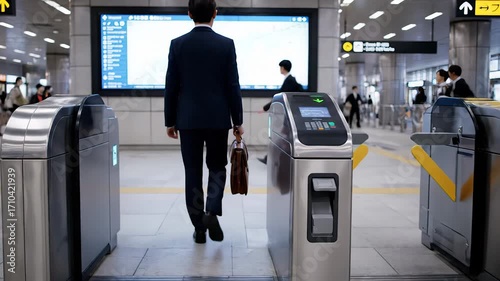Professional businessman moving through modern railway station ticket gate, carrying brown briefcase from rear perspective while commuting during busy morning rush hour