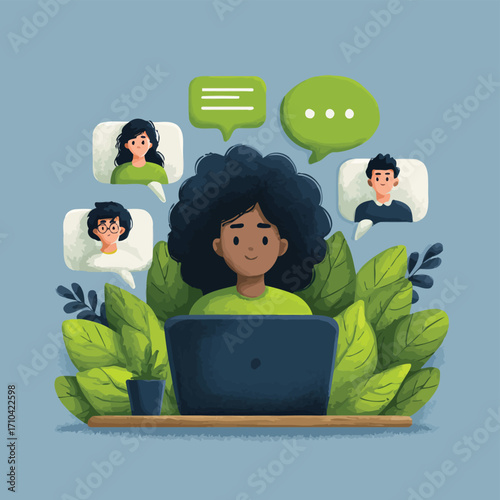 Donna che utilizza un computer con bolle di dialogo e foglie verdi