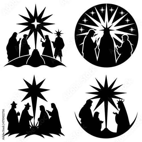 Four black and white nativity scenes featuring the three wise men and the star of bethlehem silhouettes