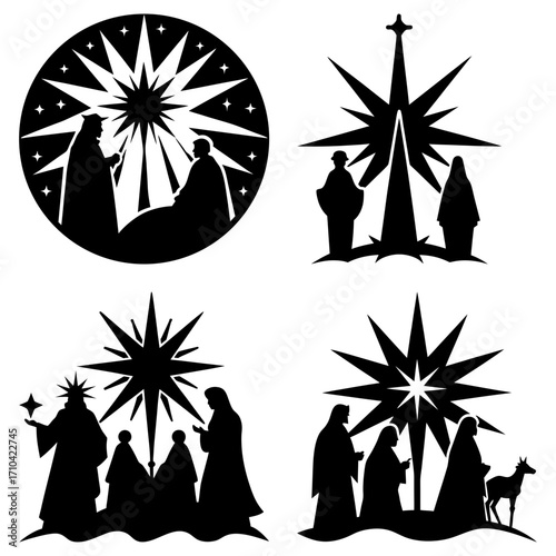 Black silhouette illustrations depicting the nativity scene with the three wise men and a bright star above
