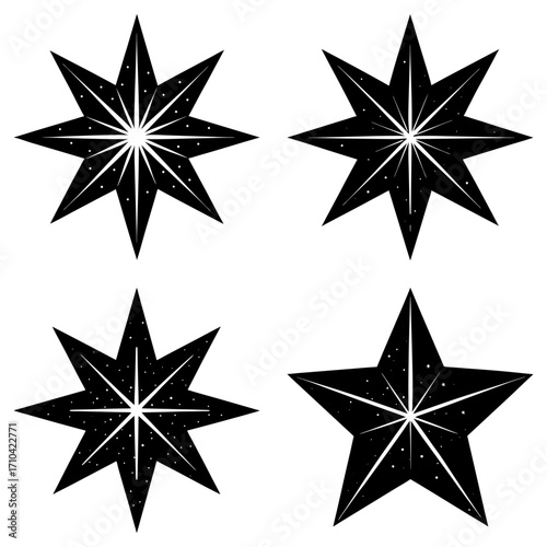 Four stylized black stars with varying points and internal lines on a white background artfully arranged