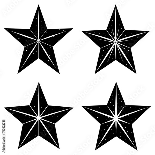 Four stylized black stars with internal line designs and scattered white dots on a white background