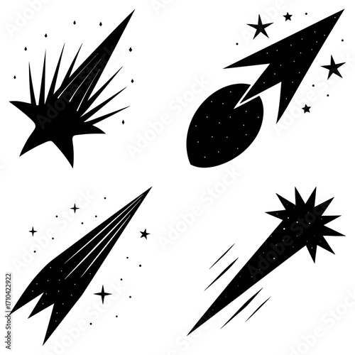 Four stylized black comets and shooting stars with varying shapes and starbursts on a white background