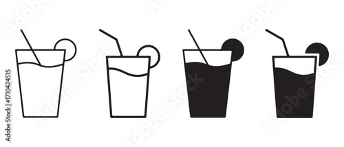glasses of refreshing drink icon set. isolated on white background in black and white.