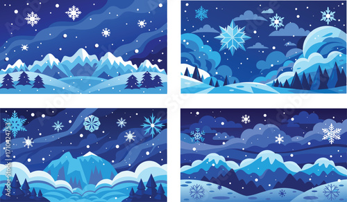 Blue and White Winter Scenery with Mountains, Snowflakes, and Snowy Landscape Scenes