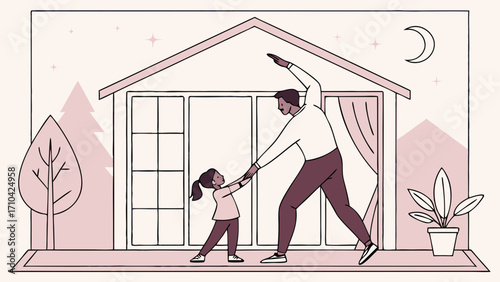 Evening Home Workout: Father and Daughter Bonding Through Family Fitness and Healthy Lifestyle Illustration