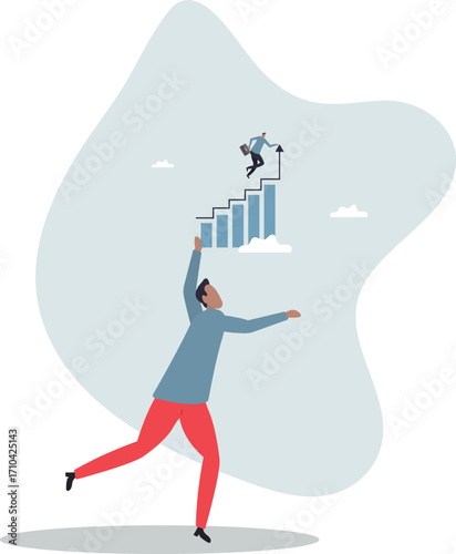 Progress or improvement to success, step forward to grow business, journey to achieve goal, ambition or career path .about a man and his life.