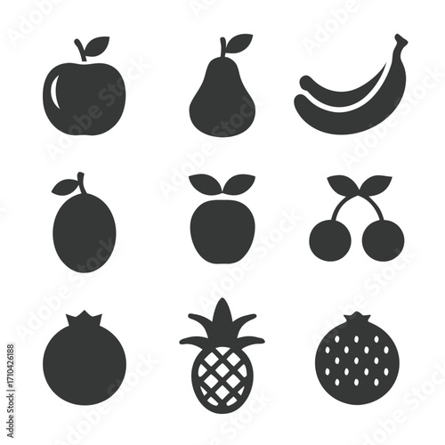Collection of nine dark gray fruit icons on white background apple pear 1