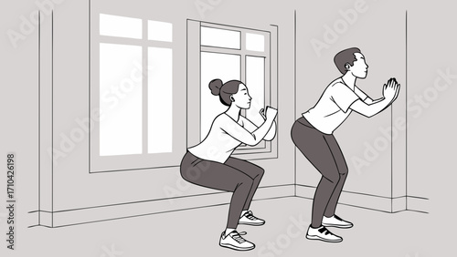 Man and Woman Performing Squats Indoors for Home Fitness Workout; Illustrated Guide to Leg and Core Exercise