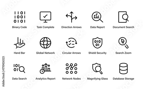 Corporate Data Professional Line Icon Collection. Modern minimal outline vector set of statistics, analytics, finance, charts, business, economy, and research.