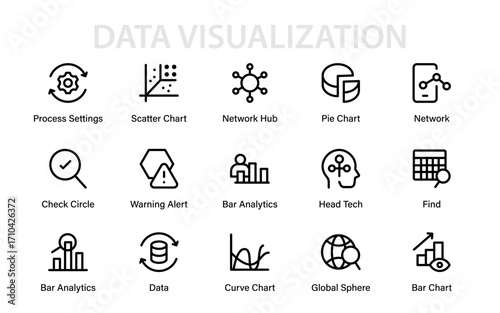 Data Visualization Professional Line Icon Set. Modern unique outline vector collection featuring finance, economy, statistics, charts, reporting, and research.