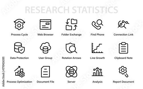Research Statistics Modern Line Icon Pack. Professional minimal vector outline collection with unique symbols of data, finance, economy, and charts.