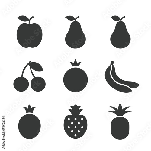 Collection of nine dark gray fruit icons on white background apple pear