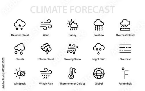 Climate forecast Professional Line Icon Collection. Modern weather outline vector pack featuring minimal premium forecast and atmospheric seasonal illustrations.
