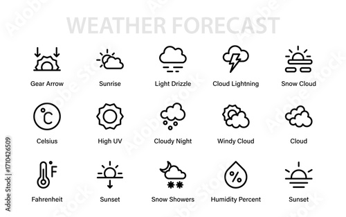 Weather forecast Modern Line Icon Set. Professional climate outline vector pack with minimal stylish atmospheric storm and temperature illustrations.