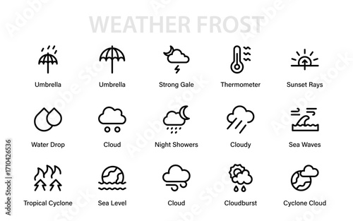 Weather frost Modern Line Icon Collection. Professional climate outline vector set with premium minimal forecast, storm, and atmospheric design symbols.