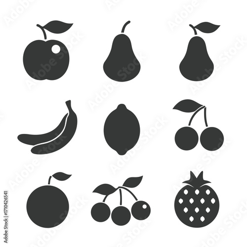 Collection of nine dark grey fruit icons on white background apple pear