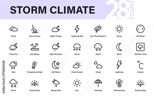 Storm Climate Professional Line Icon Set. Modern weather outline vector pack with premium minimal illustrations of sun, rain, snow, and atmospheric symbols.