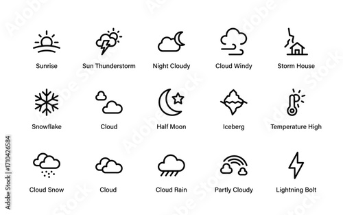 Atmosphere Weather Modern Line Icon Set. Professional climate outline vector pack with stylish premium forecast, storm, and seasonal illustrations.