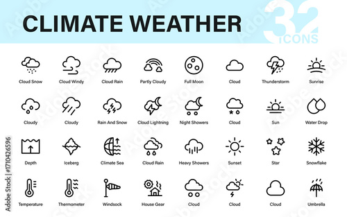 Climate Weather Professional Line Icon Collection. Modern minimal vector pack of forecast, storm, temperature, and atmospheric outline symbols for premium designs.