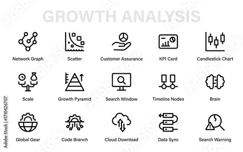 Growth Analysis Professional Line Icon Collection. Modern minimal vector outline pack featuring statistics, finance, analytics, charts, business, and economy.
