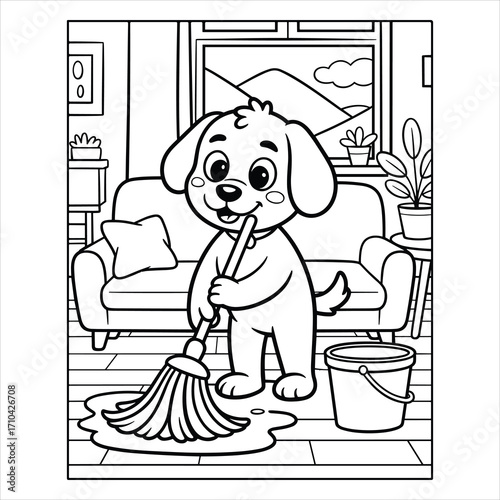 Cute Dog Coloring Page Cartoon Puppy Cleaning Floor with Mop and Bucket