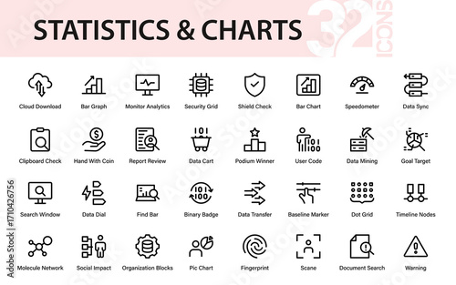 Statistics Charts Modern Line Icon Collection. Professional minimal vector outline pack featuring data, statistics, economy, analytics, trading, and reporting.