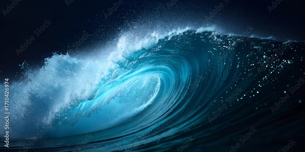 Fototapeta premium Digital Blue Wave With Sparkling Particles Against a Dark Background Creates a Mesmerizing Visual Effect and Depth