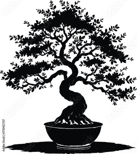 Bonsai Tree Silhouette Vector — Black and White Illustration of Twisted Trunk, Dense Leaves, and Pot in Minimalist Zen Style