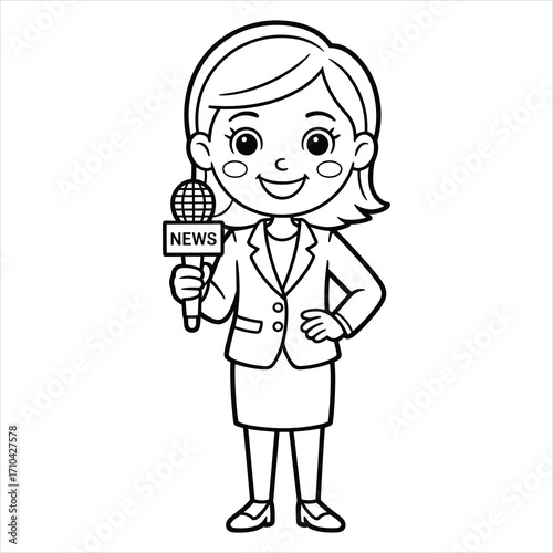 News Reporter Coloring Page Cartoon Female Journalist with Microphone