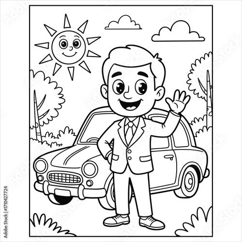 Car Coloring Page Cartoon Businessman Standing with Vehicle for Kids