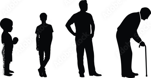 Human Evolution Silhouette from Child to Old Man in Four Stages on White Background