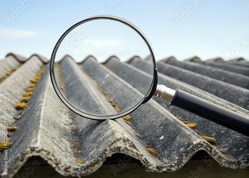ANALYSIS OF THE COMPOUNDS OF A DANGEROUS ASBESTOS ROOF - Concept of invisible risk, hazardous fibers, health threat, analysis for lung cancer prevention with magnifying glass