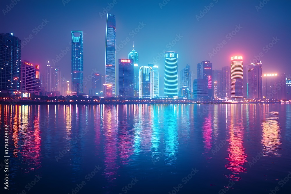 Fototapeta premium Urban riverside glowing under neon lights high resolution picture