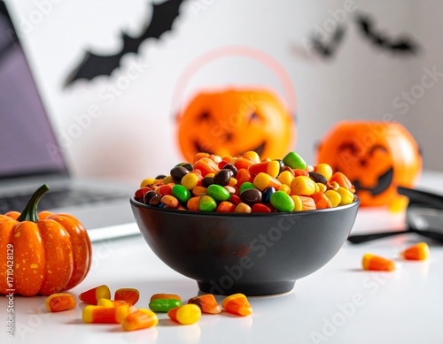Halloween Candy Bowl with Assorted Treats – Office Desk with Seasonal Decoration