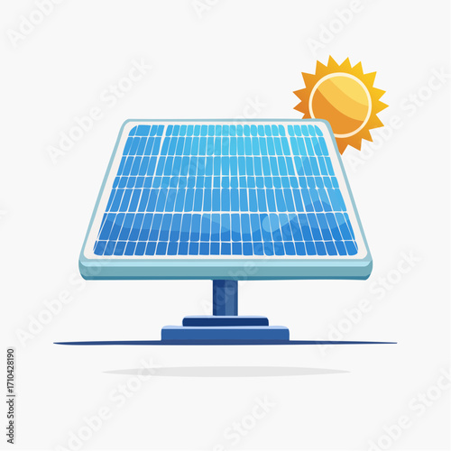 Illustration of a solar panel with a sun in the background, representing renewable energy and sustainability.